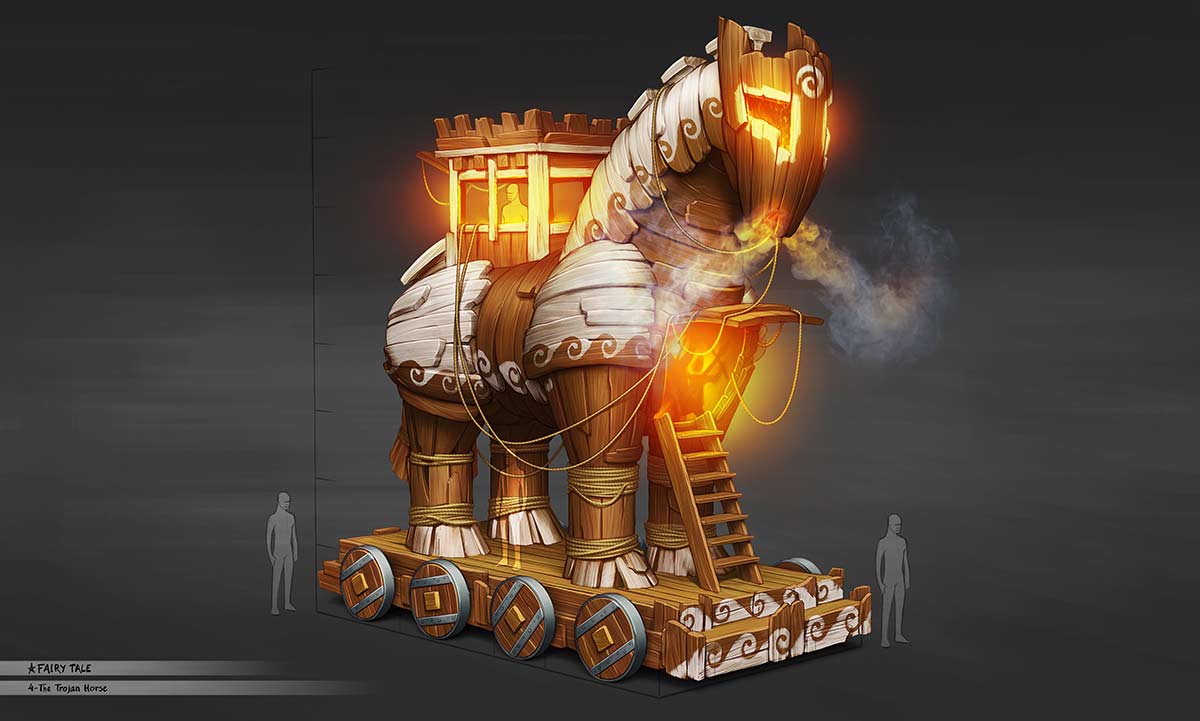 3d illustration concept art. Trojan horse float for theme park